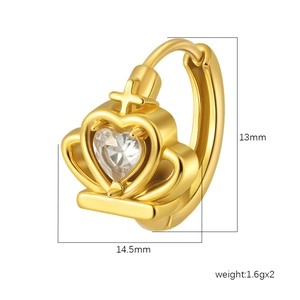 Elegant 18K gold plated crown heart earrings with zirconia and product dimensions