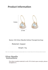 Detail view of hollow triangle earrings with dimensions 5.6cm by 2.7cm and silver pins