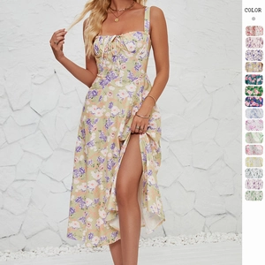 Women Floral Print Camisole Dress Sleeveless Square Neck Drawstring Midi Dress Side Slit Summer Vacation Beachwear
