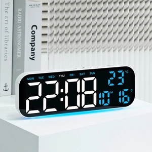 Reloj digital LED moderno con pantalla de temperatura, calendario y luz azul suave