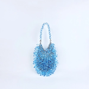 Close-up of blue beaded handbag featuring faceted acrylic beads in a leaf-like pattern
