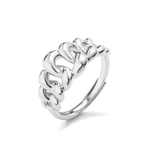 Detailed view of silver adjustable ring with a polished Cuban link chain design