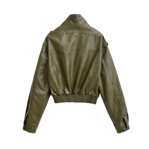 Back view of women's olive green faux leather jacket with elastic hem and shoulder seams