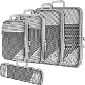 5-piece grey compression travel luggage organizer set with mesh windows and functional icons