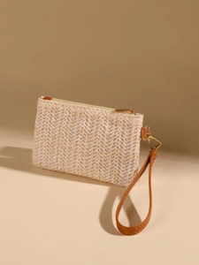 Summer vintage straw-style coin purse with beige woven texture and brown wrist strap