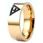 Minimalist gold band ring featuring a bold black triangle symbol on a polished surface