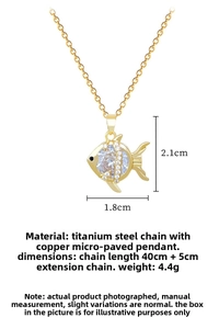 Detailed view of goldfish pendant with cubic zirconia and dimensions on titanium steel chain