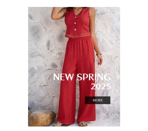 Detail of red two-piece set featuring V-neck vest with lace hem and wide-leg trousers