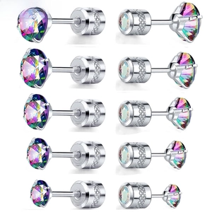 Boucles d'Oreilles Clous en Acier Inoxydable avec Strass Sertissage à Quatre Griffes Géométrique Rond Carré Fermoir à Vis Bijoux Colorés Homme Femme