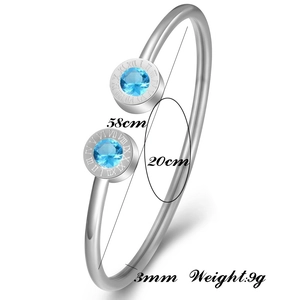 Macro detail of 3mm silver stainless steel cuff bangle with Roman numerals and blue crystals
