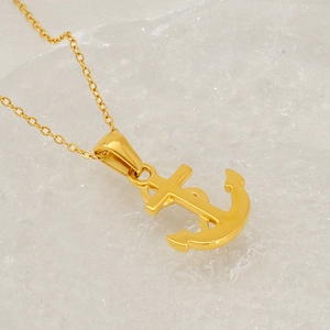 18K gold plated stainless steel anchor necklace with micro-set zircon pendant for women