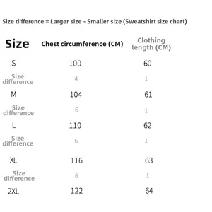 Detailed size chart for women's hoodie featuring bust and length measurements in centimeters