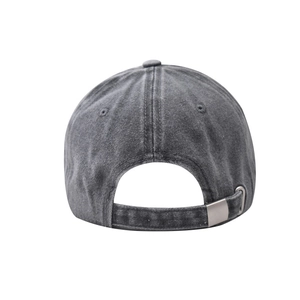 Detail of washed cotton baseball cap with silver metal adjustable buckle and strap