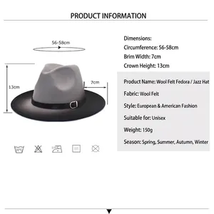 Two-tone wool fedora hat in grey and black with detailed size measurements and belt buckle