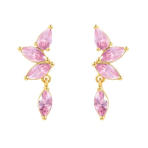 Detailed macro view of gold-plated earrings featuring elegant pink marquise-cut zircon stones