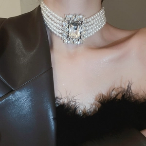 Detail of multi-layer pearl choker with large square crystal pendant and leaf design