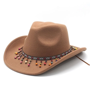 Western Cowboy Hat Woolen Felt With Ethnic Style Belt Colorful Beads Wide Brim Fedora For Men Women Sun Protection Travel