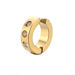 Close-up of golden titanium steel ear cuff featuring three inlaid round zircons