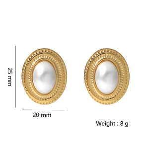 Vintage oval gold earrings with white inlay and size dimensions showing 25mm height