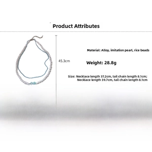 Detail view of double-layer pearl necklace with blue heart pendant and dimensions