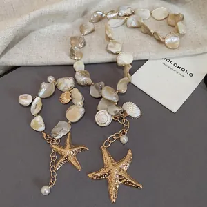 Starfish Pendant Necklace With Alloy Gold Shell And Imitation Artificial Pearl Seaside Holiday Bohemian Style For Women