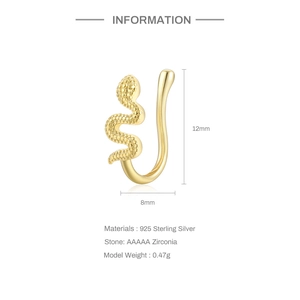 Detailed view of snake-shaped S925 silver nose cuff with gold plating and AAAAA zircons
