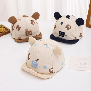 Infant soft brim bear hats with polka dots in beige brown and navy corduroy