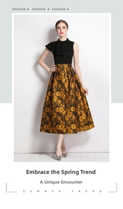 Detail of high collar ruffle top and heavy jacquard gold-black vintage skirt