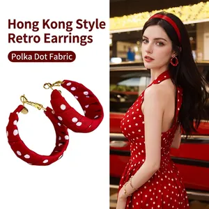 Vintage red fabric polka dot hoop earrings with silver pins for women in retro style