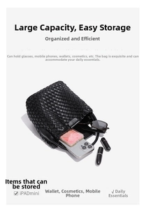 Macro view of woven leather bucket bag interior showing spacious storage for daily essentials