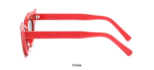 Side view of red heart-shaped cat-eye sunglasses with silver metal hinges and grey lenses