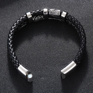Bracelet multicouche en cuir tressé noir pour homme avec perles en acier inoxydable