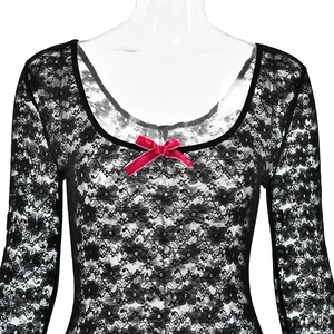 Close-up of black lace bodysuit featuring long sleeves and a red velvet bow detail