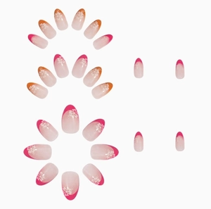 24pcs French gradient press-on nails with hibiscus flower patterns in oval almond shape