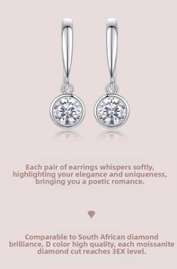 Detailed macro view of D color 3EX cut Moissanite earrings with silver lever-back setting