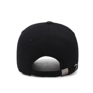 Rear view of black vintage distressed baseball cap with adjustable metal buckle strap