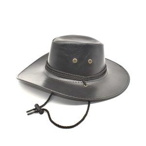 Detail of black faux leather cowboy hat with braided band, air vents and chin strap