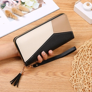 Women Long Wallet Color Block PU Leather Zipper Clutch Purse With Wristlet And Tassel Patchwork Fashion Card Holder