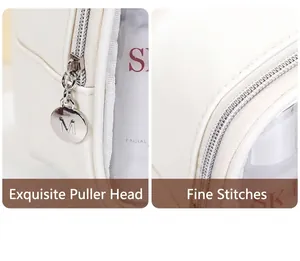 Macro detail of white PU toiletry bag with transparent window and silver M-letter zipper