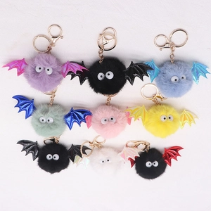 Cute Bat Plush Keychain Faux Fur Pom Pom With PU Leather Wings Halloween Bag Charm Cartoon Accessory Gift