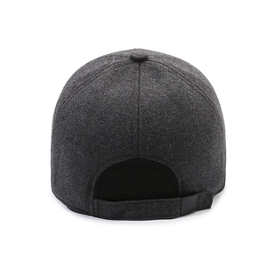 Rear view of dark grey wool blend winter baseball cap with adjustable strap for men