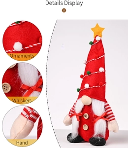 Detail of Christmas gnome showing high-quality red felt fabric and a yellow star on the hat