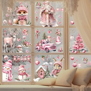 Pink Christmas window stickers set featuring Santa, reindeer, and truck for holiday decor