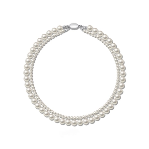 Elegant double-layered white pearl necklace with silver oval clasp on white background