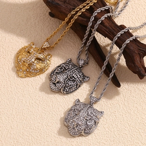 Hip hop tiger head pendants in gold and silver finish with rhinestones on twist chains