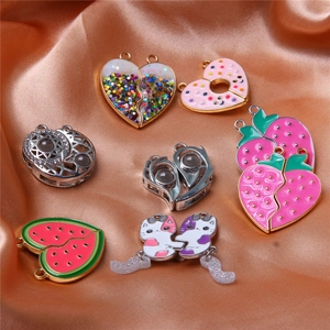 Magnetic pendant set featuring heart, fruit, and cartoon cat designs on satin