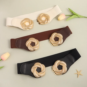 Elastic waist belts for women with stylish gold interlocking knot buckles in three colors