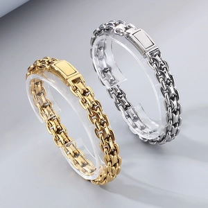 Mens hip hop interlocking flat curb chain bracelets in gold and silver finish