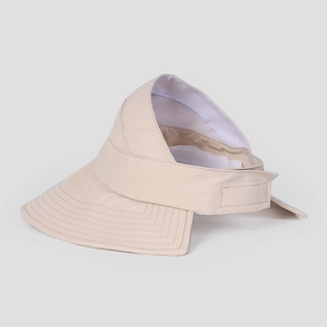 Detail of adjustable Velcro strap and sweatband on beige wide brim sun visor hat