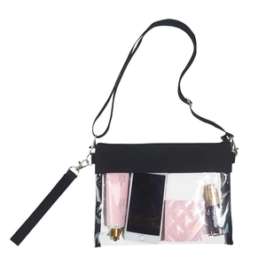 Clear PVC crossbody stadium bag with black trim, adjustable strap, and zipper closure